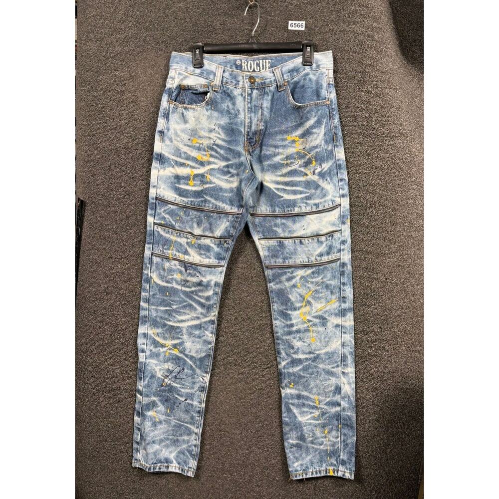 Rogue Paint Splatter Moto Jeans Mens W32x32L Blue Mid Rise Denim Stretch